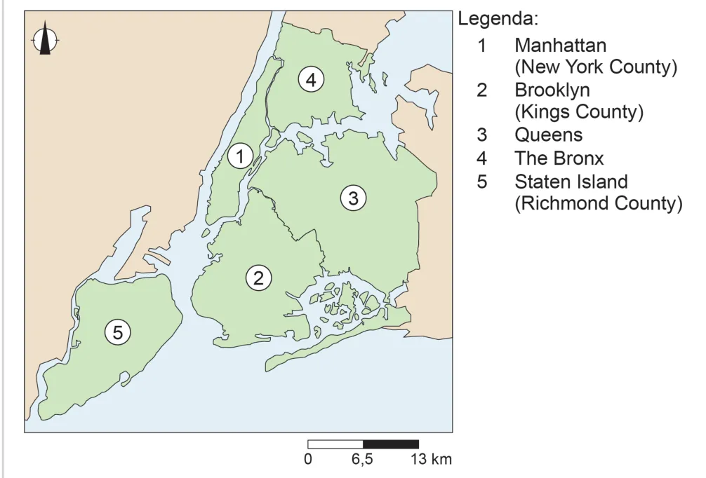 Kaartje van de vijf stadsdelen van New York, met nummers 1 tot en met 5 en een legenda met de namen van de county's.
