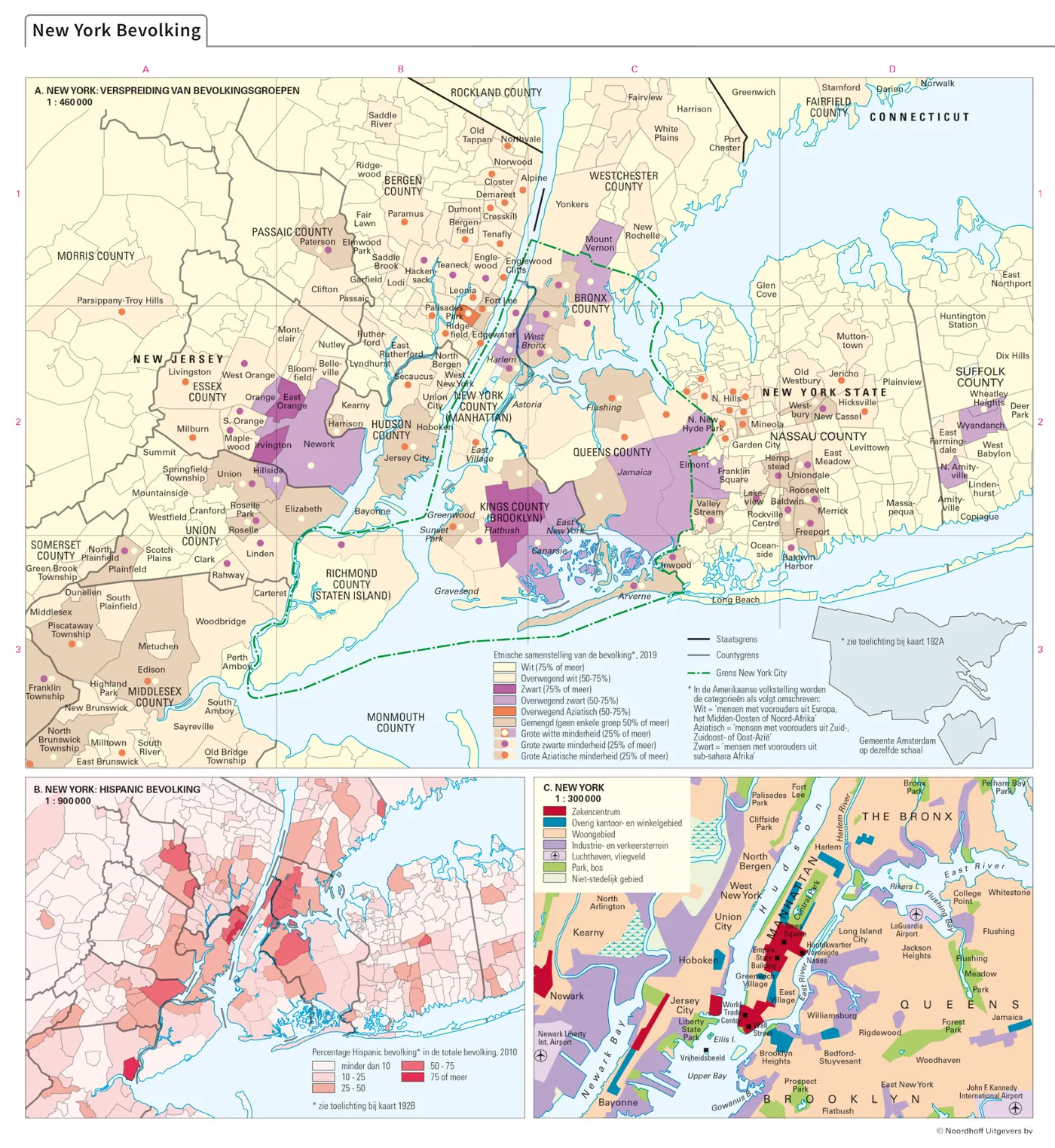 Kaarten van New York met de verspreiding van bevolkingsgroepen, de Hispanic bevolking en een stadskaart met wijken en functies.