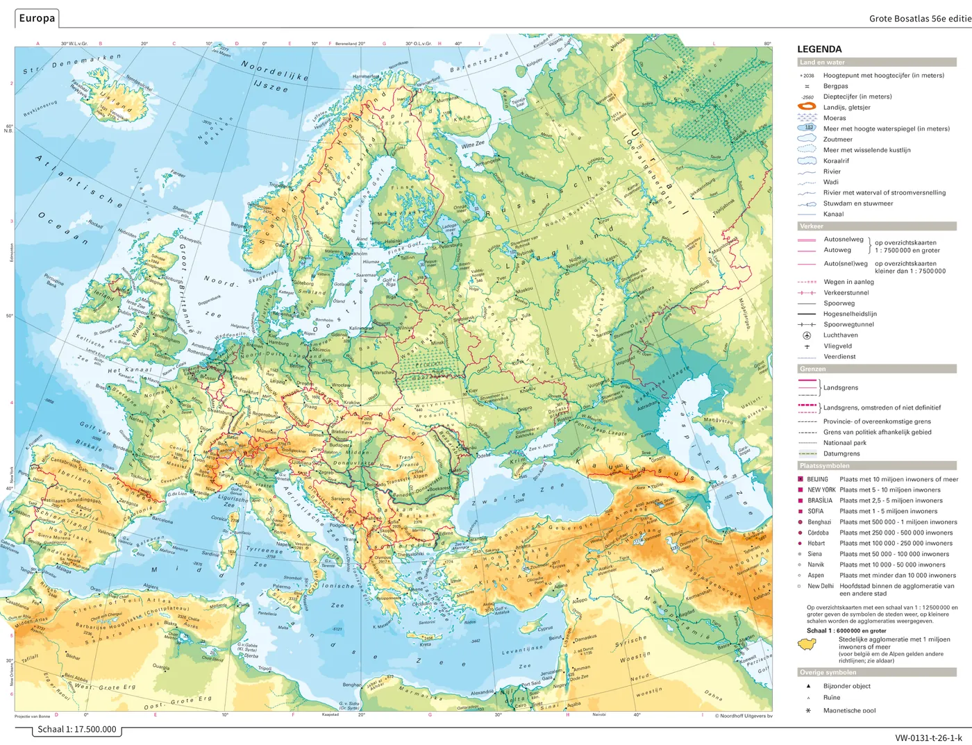 Natuurkundige kaart van Europa met de hoogteligging in kleur, met Scandinavië en Lapland in het noorden.