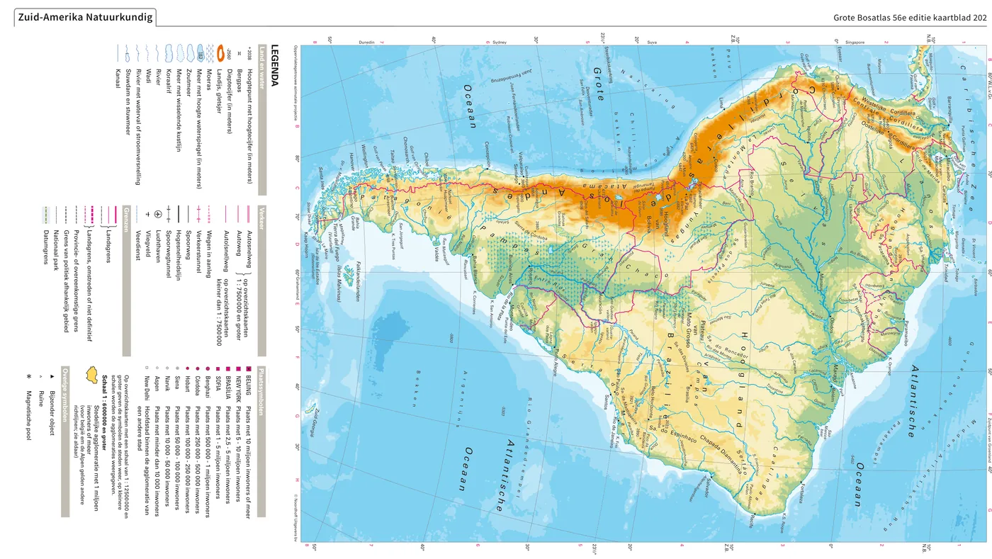 Natuurkundige kaart van Zuid-Amerika met de hoogteligging in kleur, de Andes en het Amazonebekken met de rivieren.