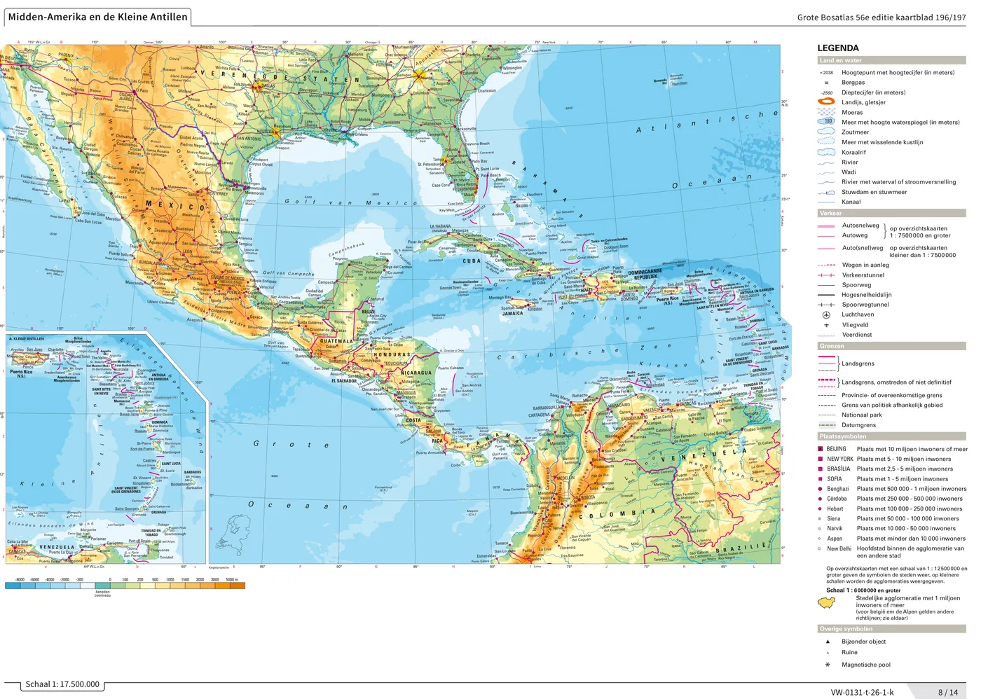Natuurkundige kaart van Midden-Amerika en het Caribisch gebied, met in de inzet de Kleine Antillen met onder meer Aruba, Bonaire en Curaçao.