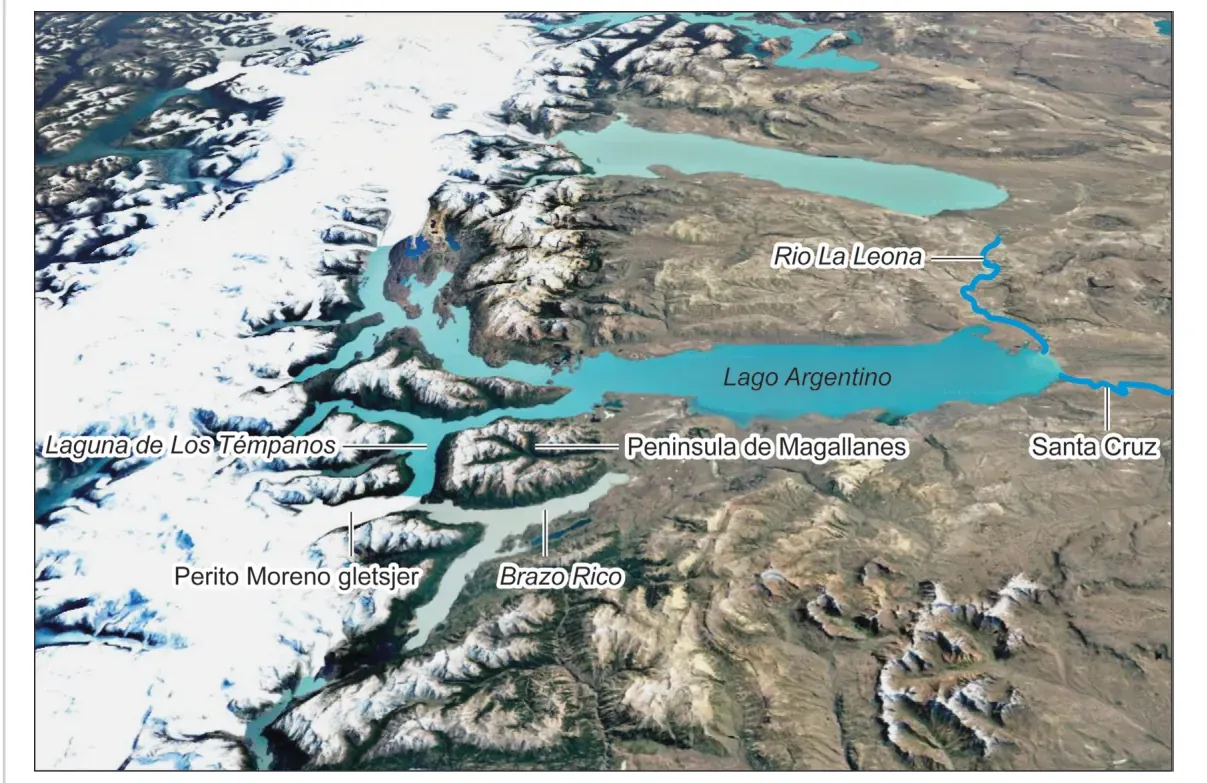 Satellietbeeld van Lago Argentino en omgeving, met de Perito Moreno-gletsjer, Laguna de Los Témpanos, Brazo Rico, de Península de Magallanes, Rio La Leona en Santa Cruz.