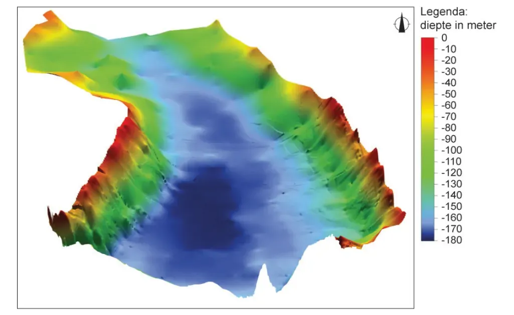 Driedimensionaal model van de bodem van Laguna de Los Témpanos, met kleuren voor de diepte van 0 tot -180 meter.
