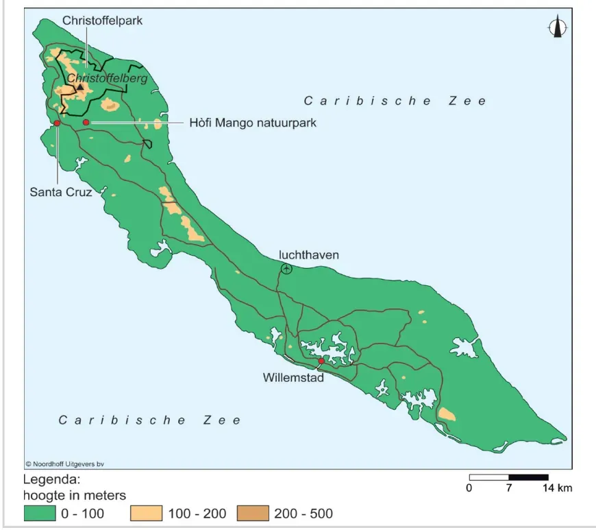 Kaart van Curaçao met de hoogte in meters, met het Hòfi Mango natuurpark, Christoffelpark, Santa Cruz, de luchthaven en Willemstad.