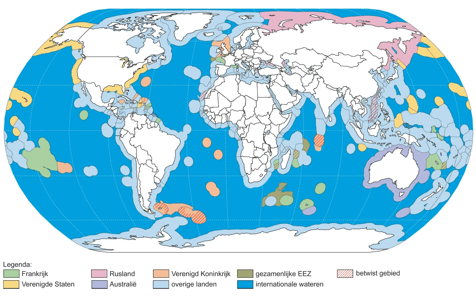 Wereldkaart, gedraaid naar de leesbare stand, met de exclusieve economische zones van landen in kleur en de internationale wateren in blauw.