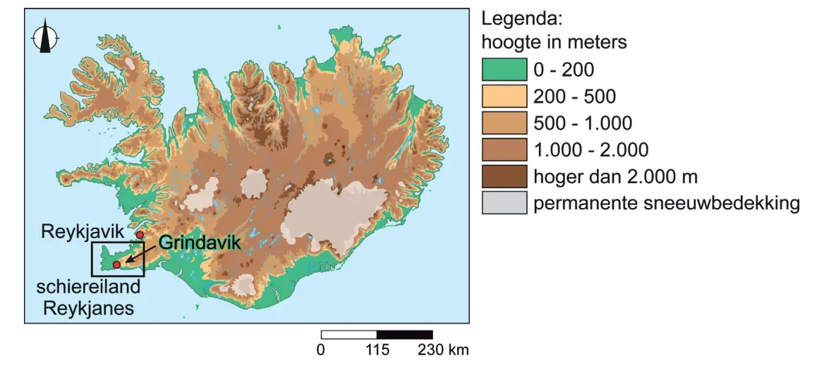 Kaartje van IJsland met de hoogte in meters, met het schiereiland Reykjanes in het zuidwesten aangegeven.