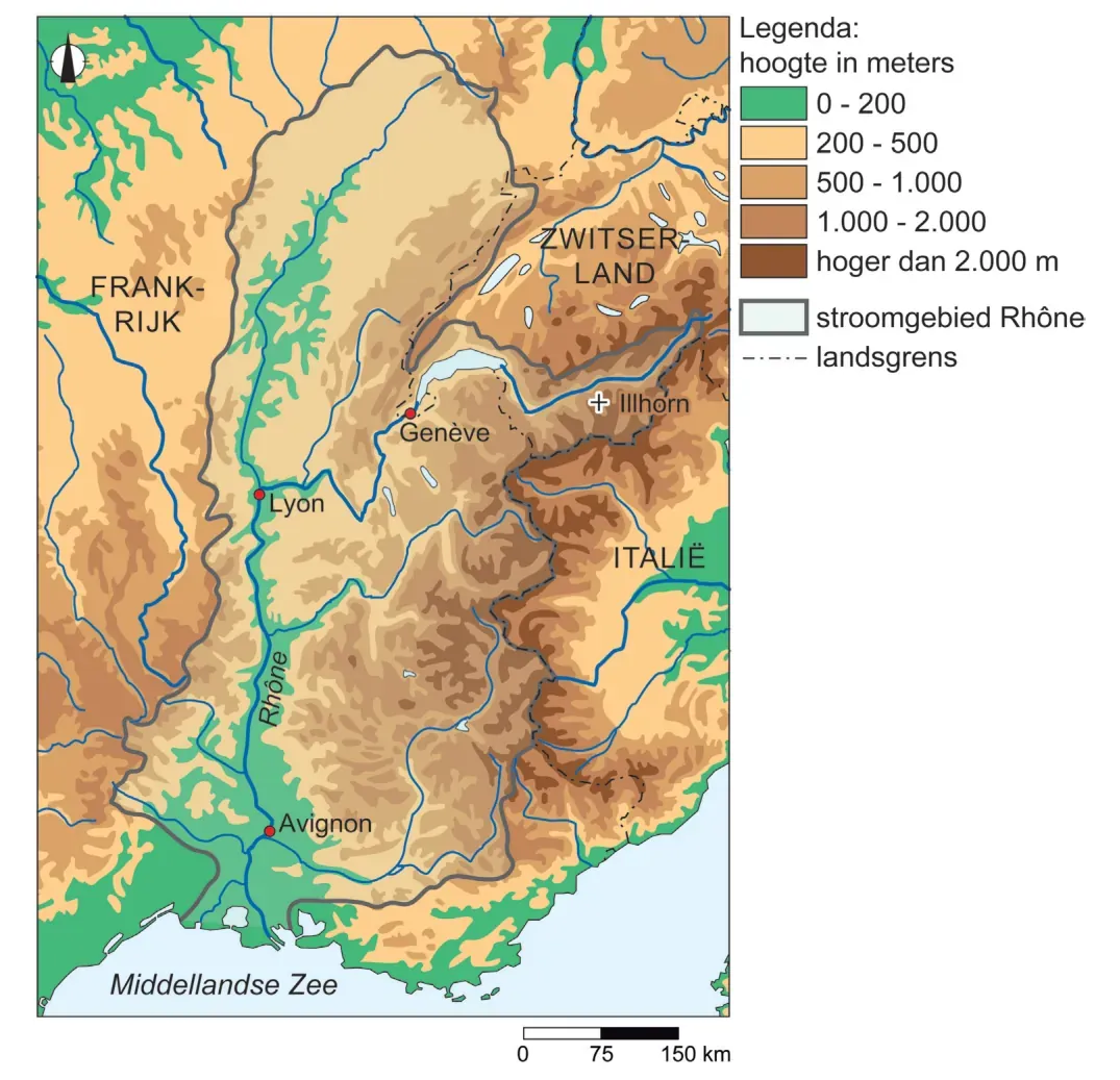 Kaart van het stroomgebied van de Rhône met de hoogte in meters, de landsgrenzen en de steden Genève, Lyon en Avignon.