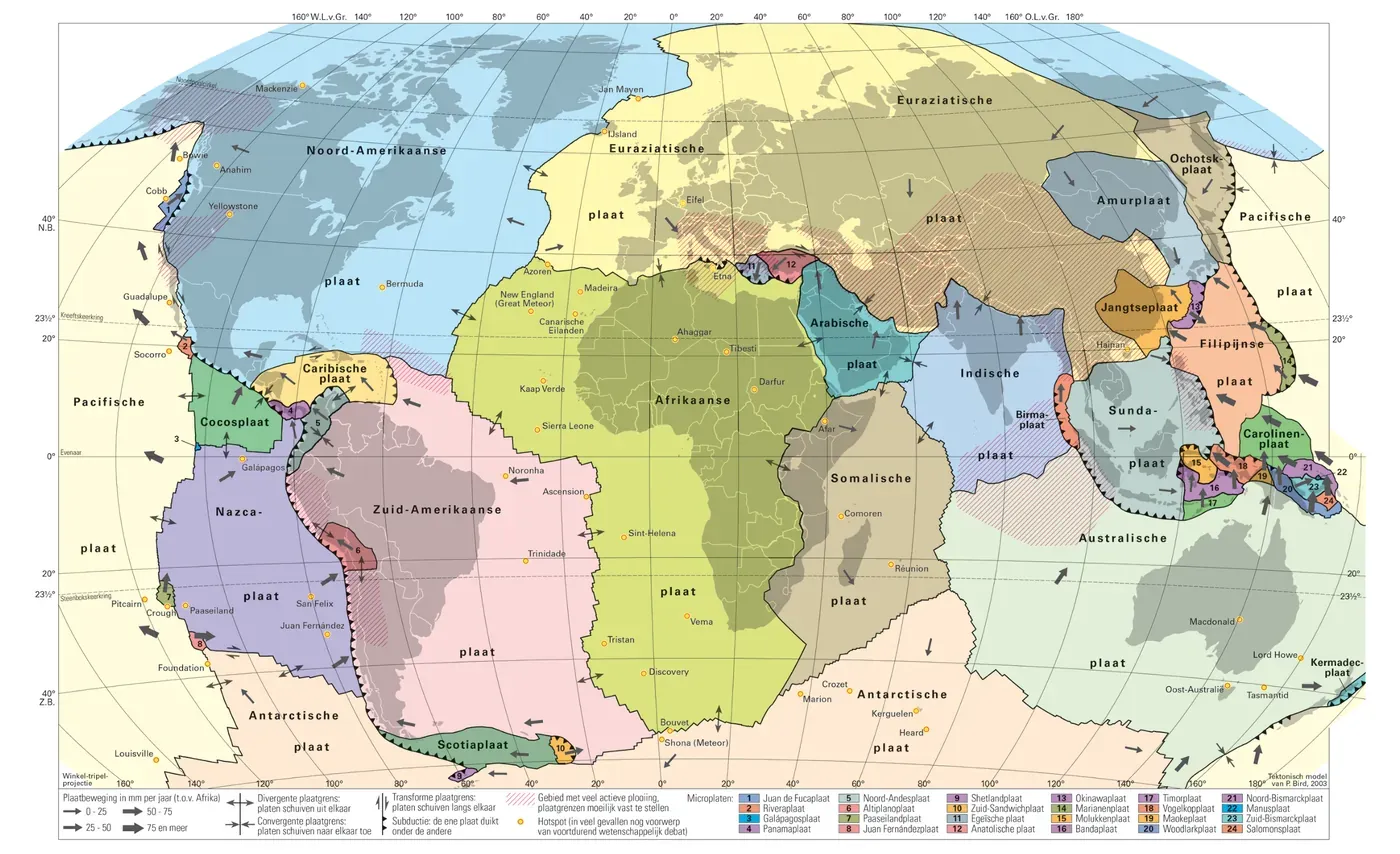Wereldkaart van de platentektoniek met de platen, de divergente, convergente en transforme plaatgrenzen en de richting van de plaatbewegingen.