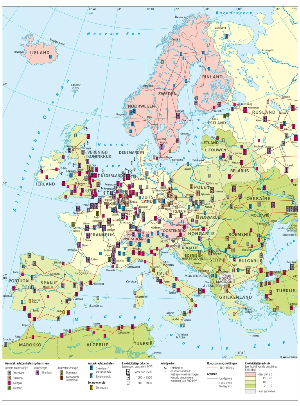 Kaart van Europa met de energiecentrales per type, waterkrachtcentrales, windparken en de elektriciteitsproductie en -verbruik per land.