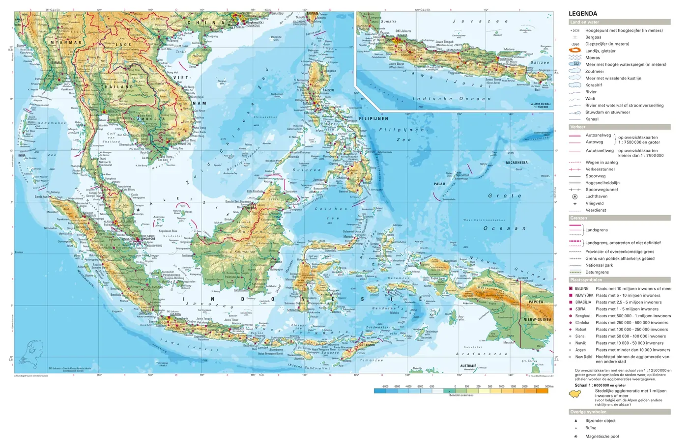 Kaart van Zuidoost-Azië met landen, zeeën en de Spratly-eilanden in de Zuid-Chinese Zee.