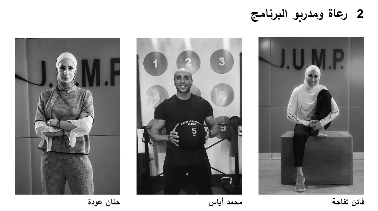 Deel 2 رعاة ومدربو البرنامج: foto's van de drie trainers met hun naam eronder: فاتن تفاحة, محمد أياس en حنان عودة.