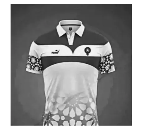 Foto van een wit voetbalshirt van het merk Puma met een donkere band en mouwen met tegelpatronen.