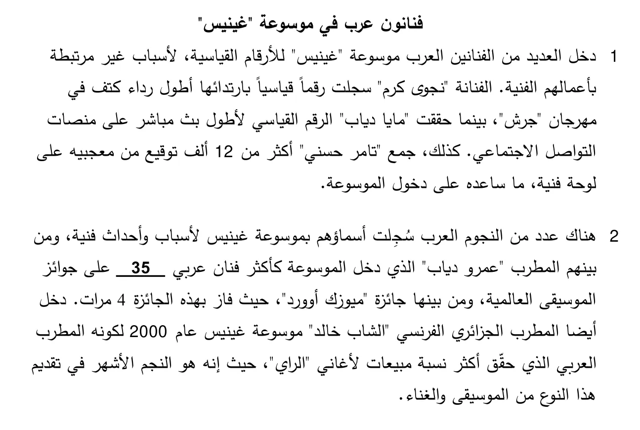 Arabische tekst in twee alinea's over Arabische artiesten in het Guinness Book of Records, met gat 35 in alinea 2.