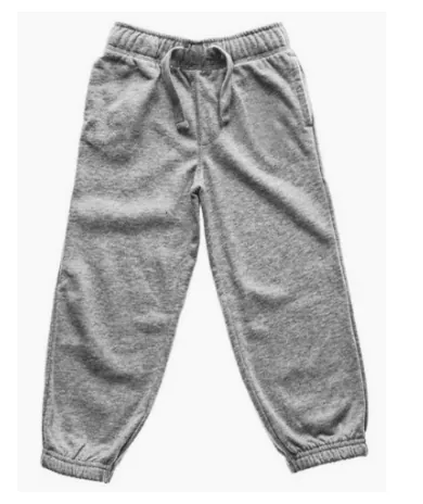 Een grijze joggingbroek met elastische boord en koord.