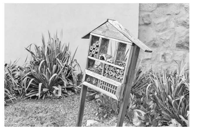 Foto van een insectenhotel in een tuin.