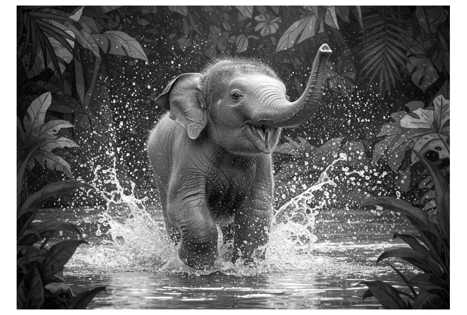 Afbeelding van een jonge olifant die door het water rent.