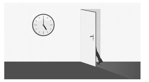 Tekening van iemand die door een deur wegloopt, met een klok aan de muur.