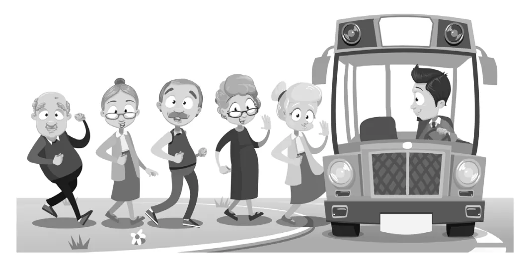 Cartoon van vijf oudere mensen die voor een bus staan, met een chauffeur achter het stuur.