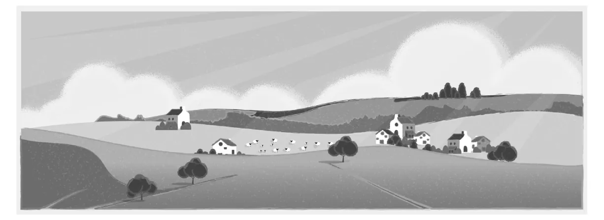 Getekend landschap met heuvels, witte huisjes en bomen, in grijstinten.