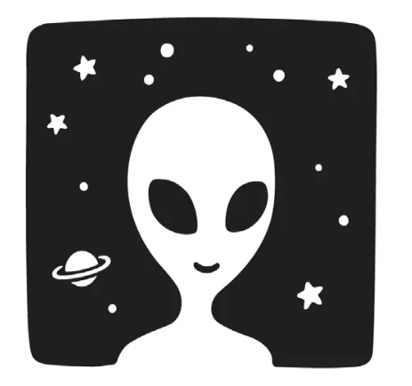 Zwart-witillustratie van een buitenaards wezen met grote ogen tegen een sterrenhemel met een planeet met ringen.