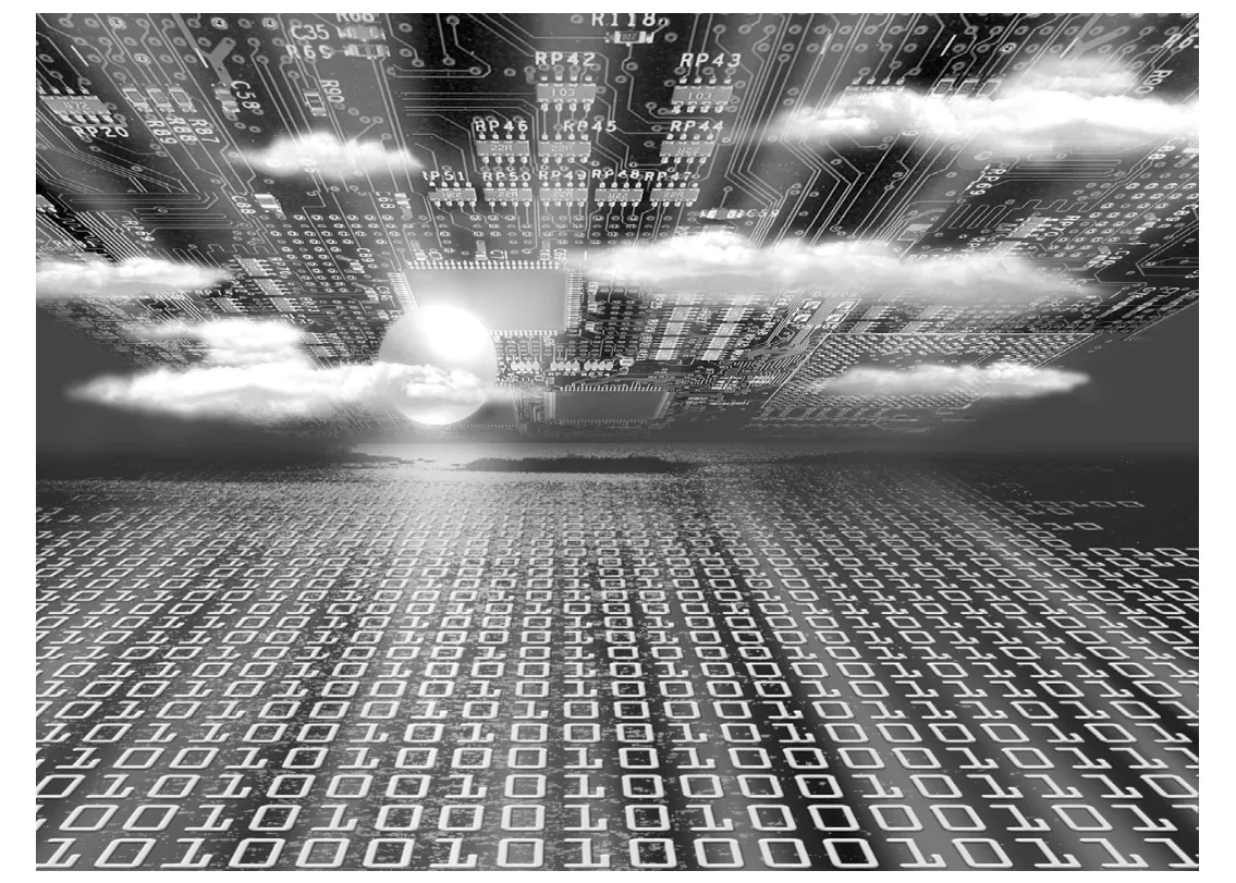 Afbeelding van een digitaal landschap met enen en nullen en wolken.