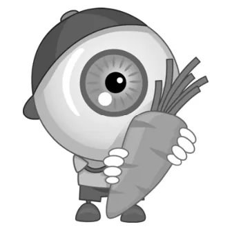 Tekening van een oog met een pet dat een wortel vasthoudt.
