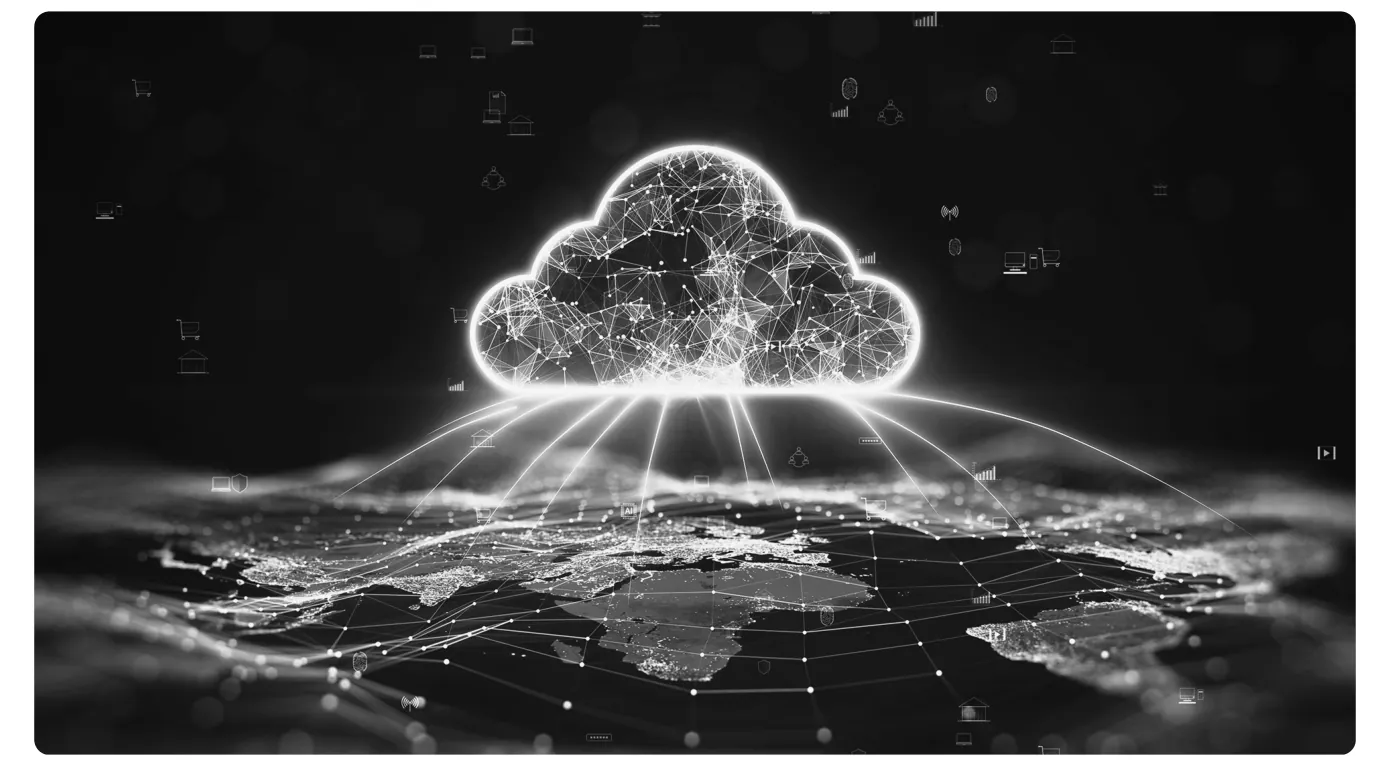 Een zwart-wit illustratie van een lichtgevende wolk boven een donkere wereldkaart, met lijnen die van de wolk naar de aarde lopen.