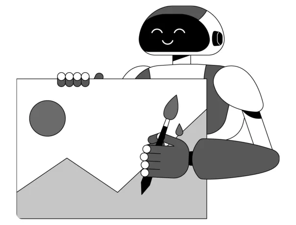 Tekening van een glimlachende robot die aan een schildersezel staat en met een penseel schildert.