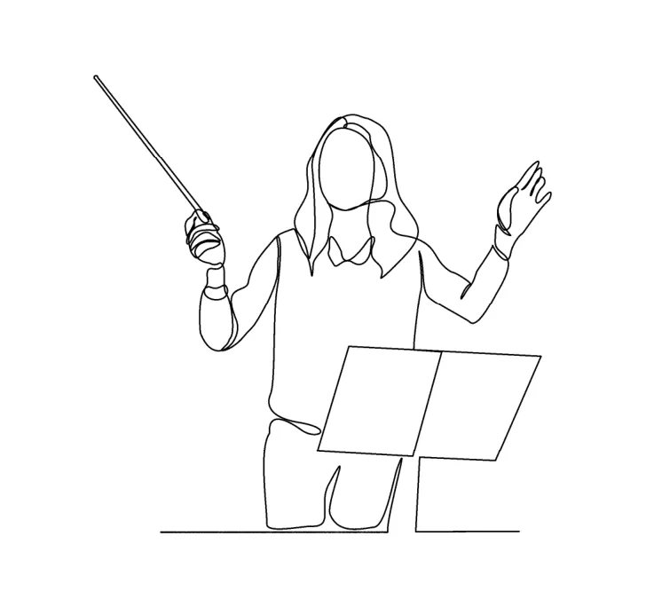 Tekening van een vrouw die met een dirigeerstok een orkest leidt.
