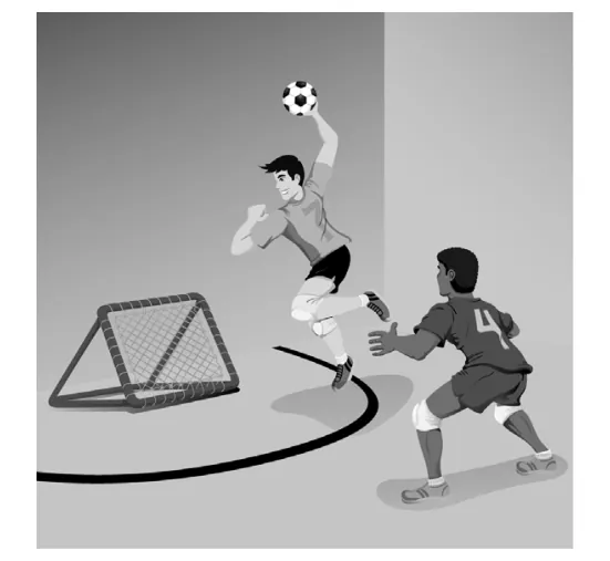 Tekening van twee spelers die tchoukball spelen met een rebounder.