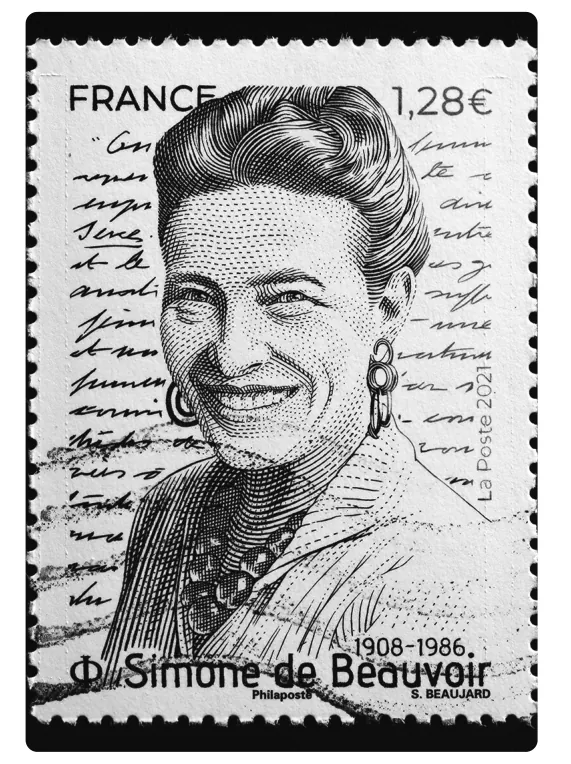 Postzegel van 1,28 euro met een portret van Simone de Beauvoir.
