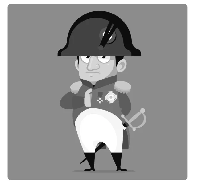 Cartoon van Napoleon met een driekantige hoed en een hand in zijn jas, op een grijze achtergrond.