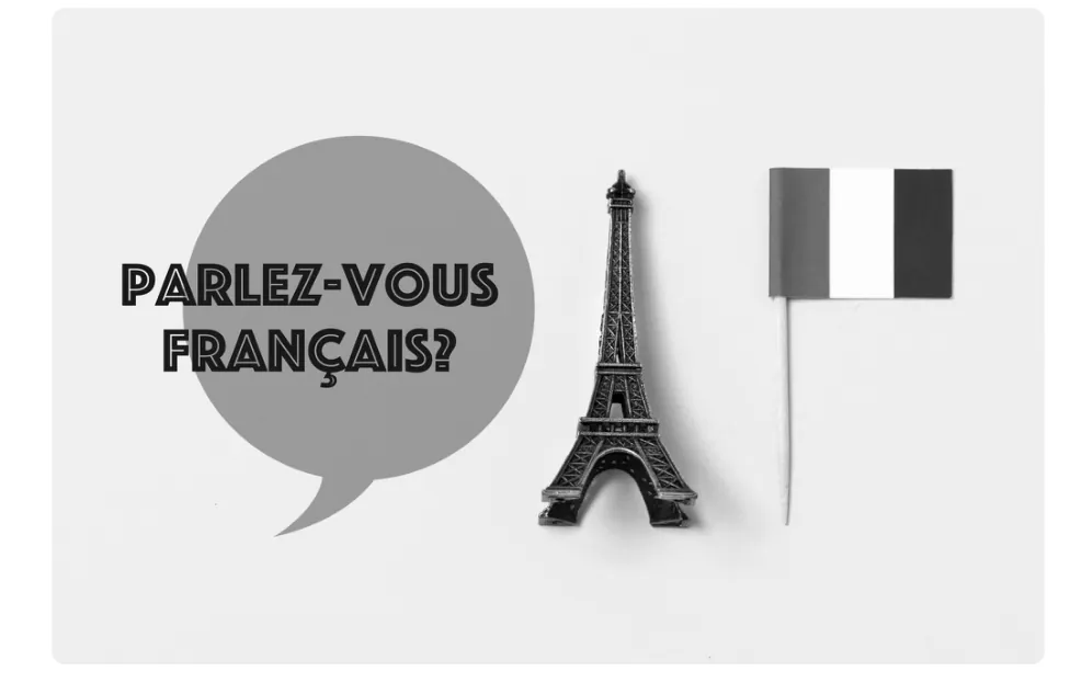 Illustratie met een grijze spraakbel met de tekst Parlez-vous français, naast een miniatuur van de Eiffeltoren en een Franse vlag.