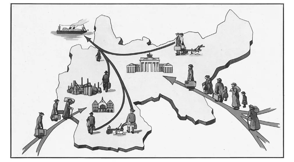 Tekening van een kaart van Duitsland met pijlen van mensen die het land in en uit trekken.