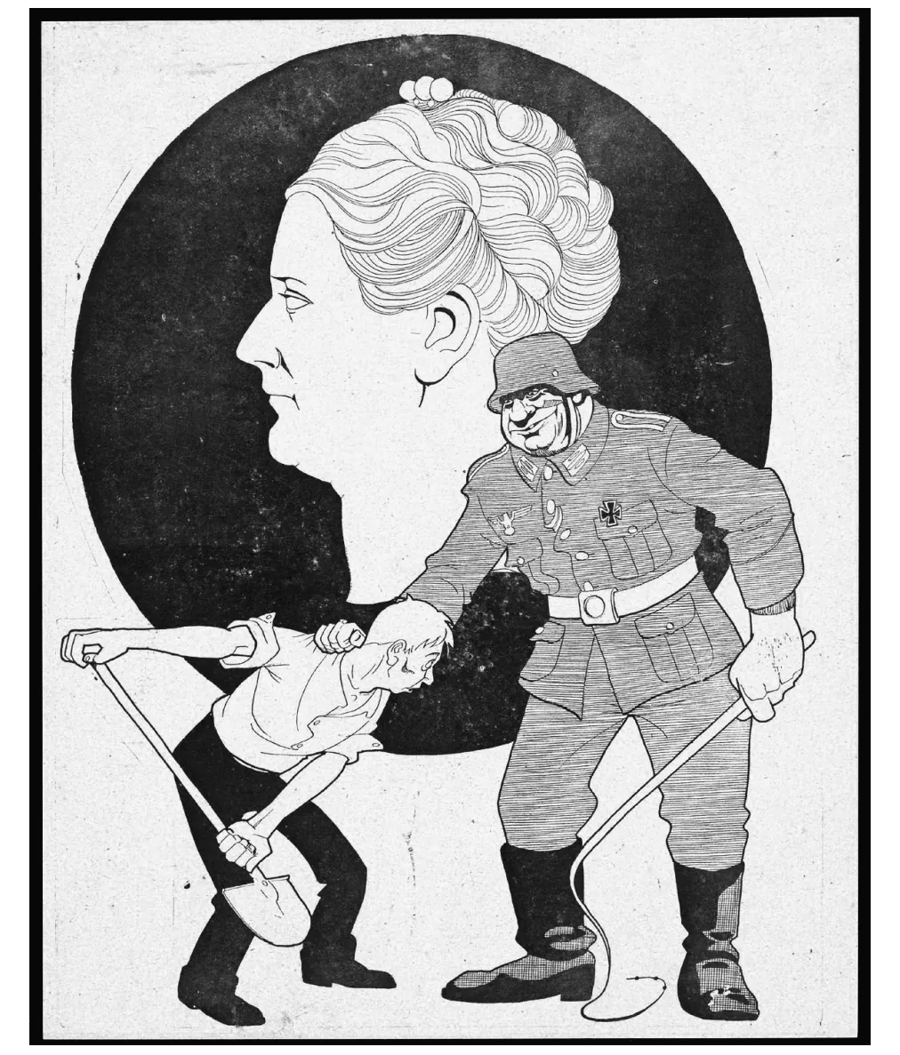 Prent van een Duitse soldaat die een man met een schop meetrekt, met koningin Wilhelmina op de achtergrond.