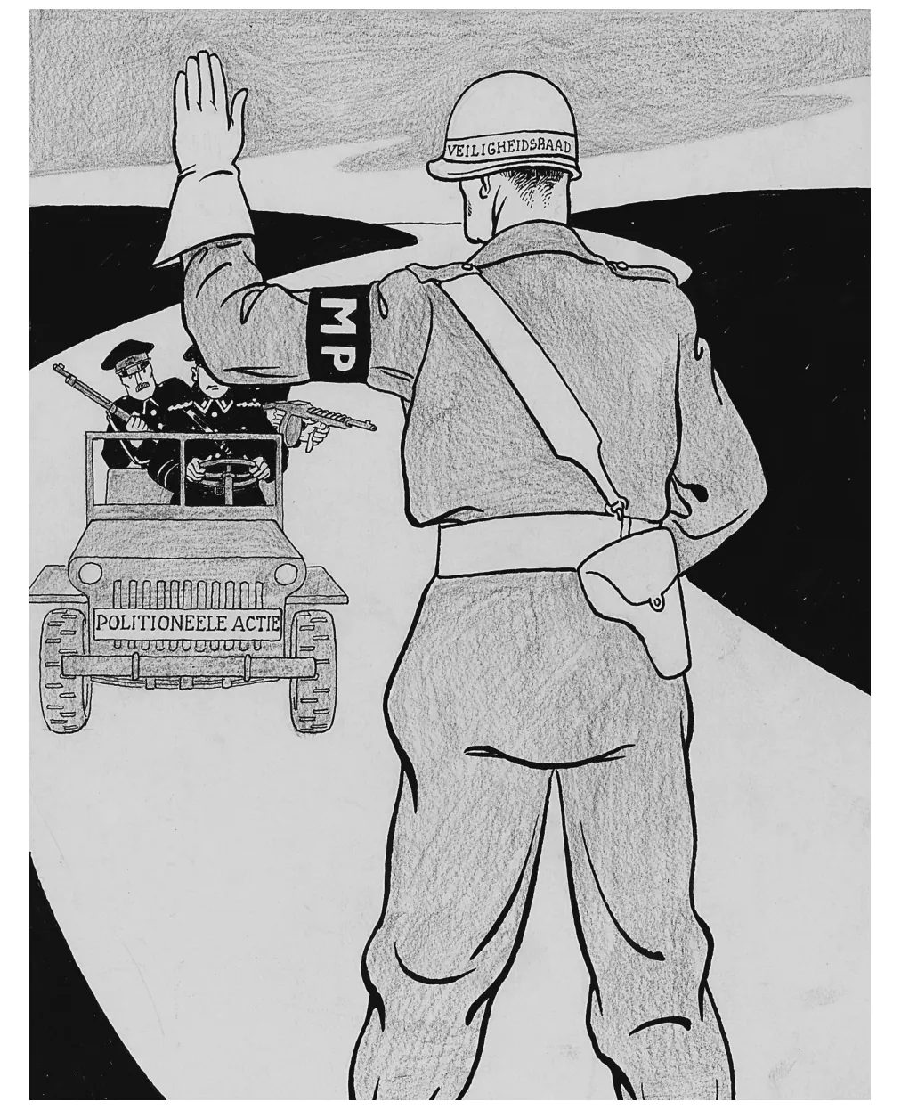 Tekening van een militaire politieman met een helm die met opgestoken hand een auto met het opschrift Politionele Actie tegenhoudt.