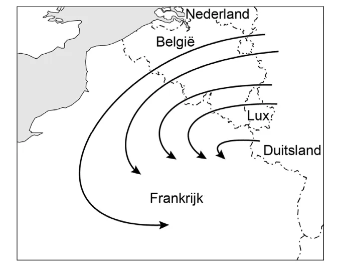 Kaart van Nederland, België, Luxemburg, Duitsland en Frankrijk met pijlen die een Duitse opmars door België naar Frankrijk aangeven.