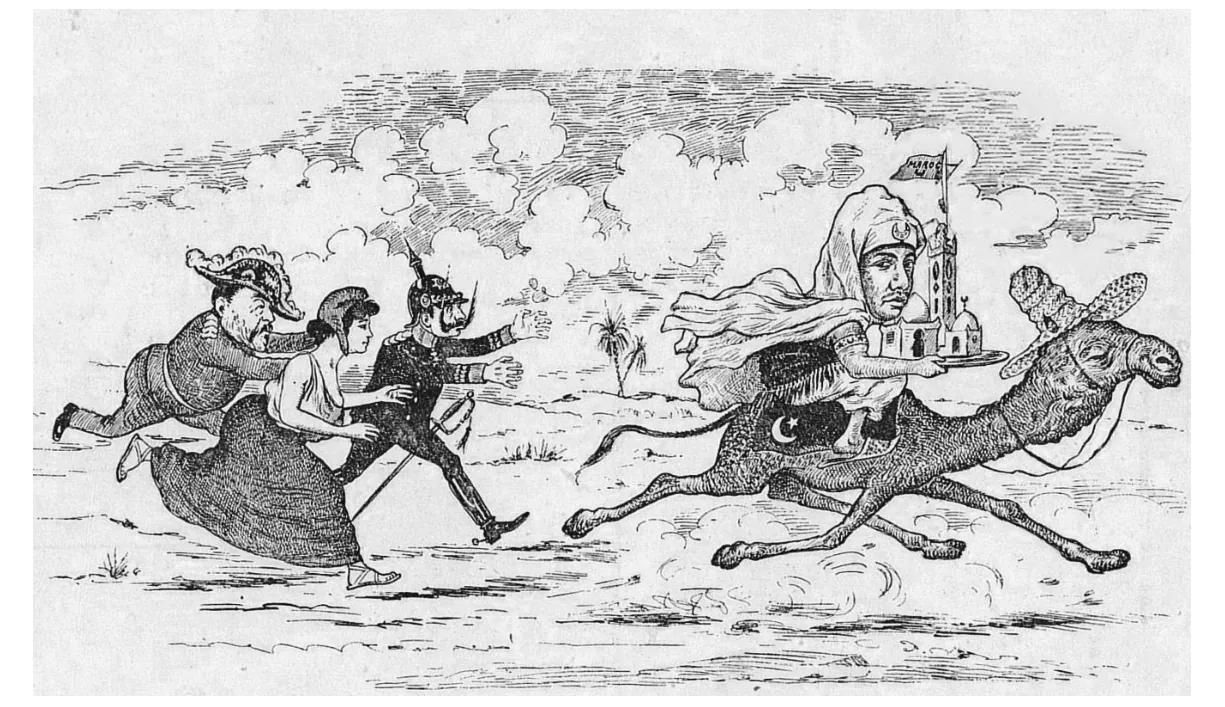Tekening van figuren die achter een Turkse ruiter op een kameel aan rennen.