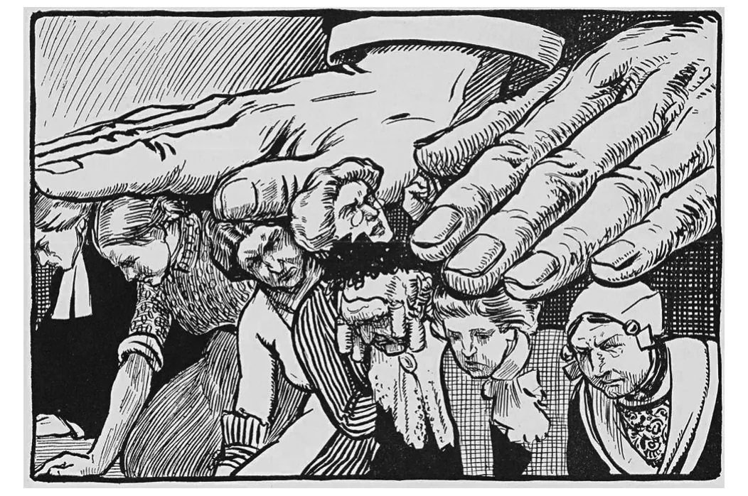 Tekening van een reusachtige hand boven een groep mensen in klederdracht.