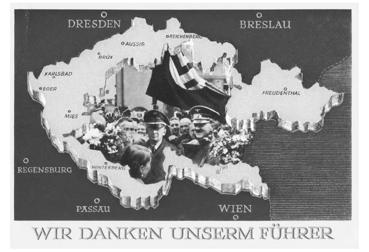 Prentbriefkaart met een kaart van het door Duitsland ingenomen deel van Tsjechoslowakije, Duitse steden en de tekst Wir danken unserm Führer.