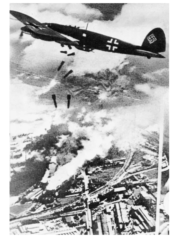 Foto van een Duitse bommenwerper boven Warschau, met rook op de grond.