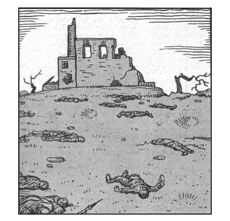 Prent van een verwoeste suikerfabriek met een veld vol gesneuvelde soldaten.