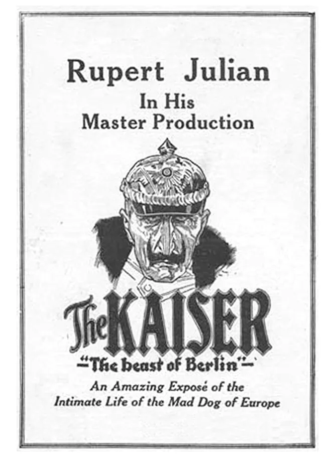 Filmposter van The Kaiser, the Beast of Berlin, met een karikatuur van keizer Wilhelm II.