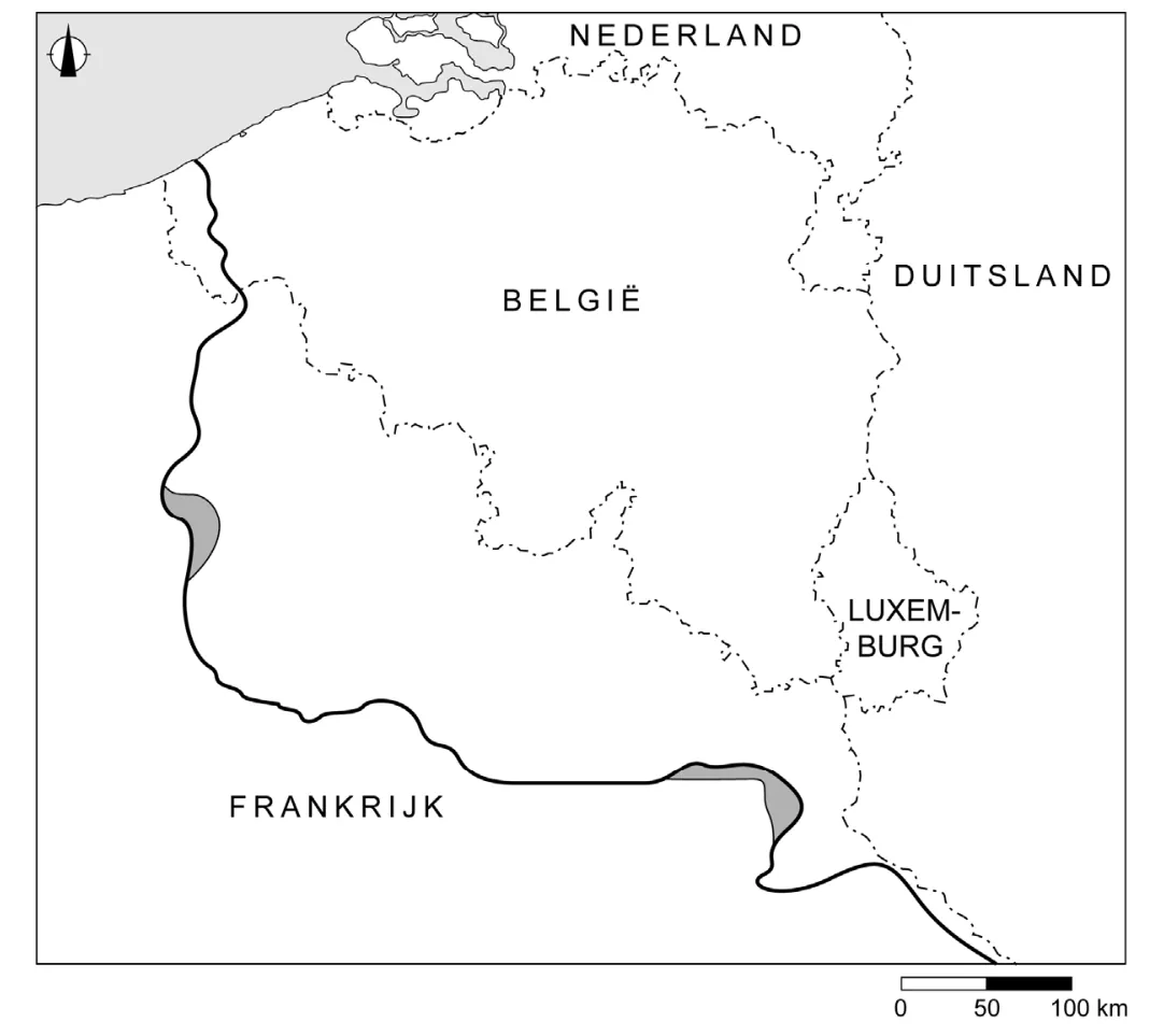 Kaart van België en Noord-Frankrijk met de frontlijn in 1915 en 1916 als grijze gebieden.