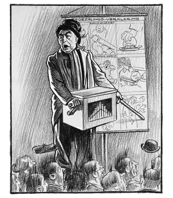 Tekening van Colijn met een hoed die een draaiorgel bespeelt, met een poster achter hem.