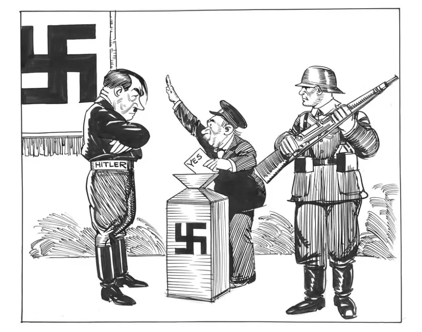 Prent van Hitler en een soldaat met een geweer die toekijken hoe een kiezer een stembiljet in een stembus met hakenkruis stopt.