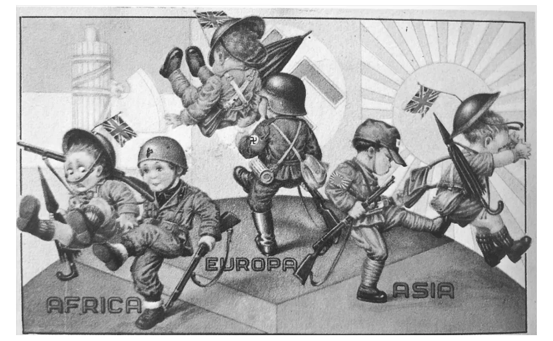Italiaanse briefkaart met Italiaanse, Duitse en Japanse soldaten die Britse soldaten van een wereldbol schoppen boven Afrika, Europa en Azië.