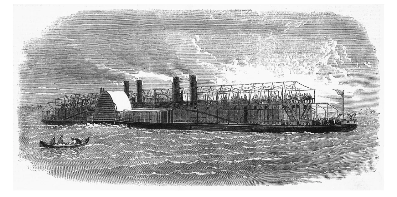 Zwart-witte gravure van een raderboot met meerdere schoorstenen en veel mensen op het dek, op de rivier de Indus. In een kano varen enkele mannen mee.
