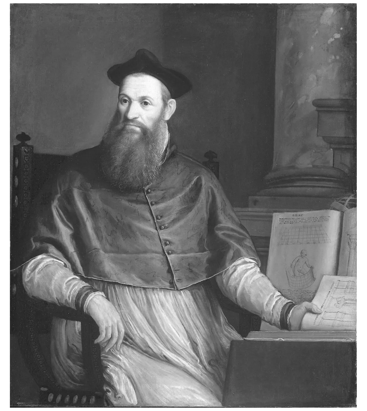 Portret van Daniele Barbaro, zittend, met een opengeslagen boek naast zich.