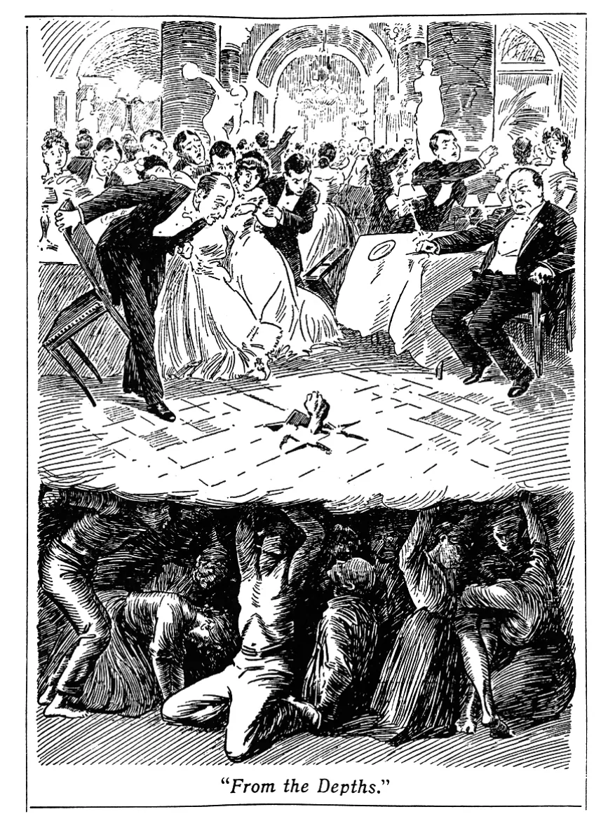 Spotprent From the Depths: boven een feestende rijke elite, onder in de diepte arbeiders die de vloer omhoog duwen.